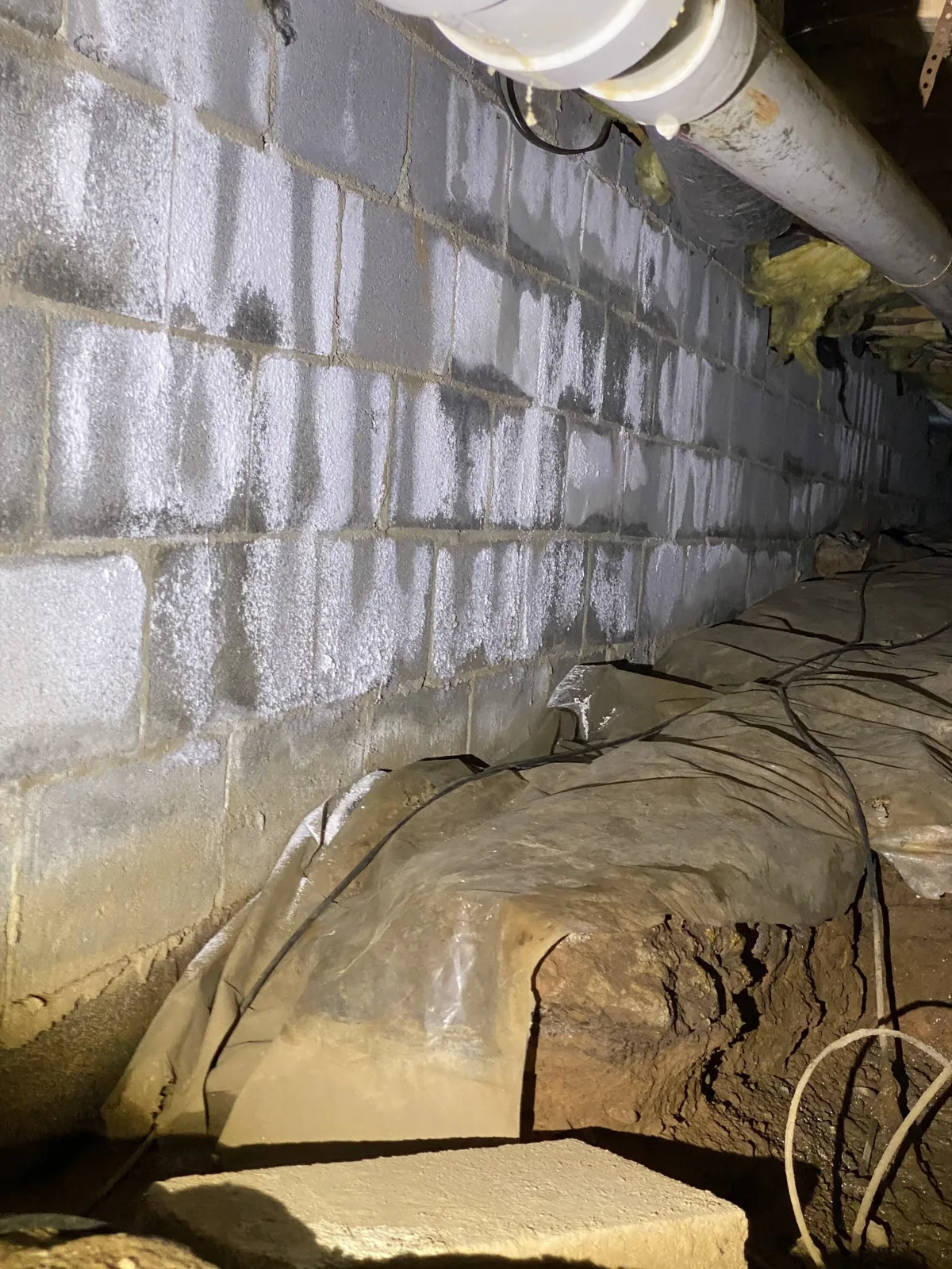 Crawl space with exposed soil and concrete block foundation walls